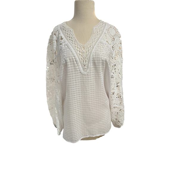 Chico's Tops - Chicos NWT Size 2 Womens Large Alabaster Floral Lace Sleeve Blouse MSRP $109
